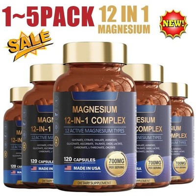 1~5x Magnesium 12 in 1 Complex 700mg-Glycinate Citrate Malate Taurate 120 Caps