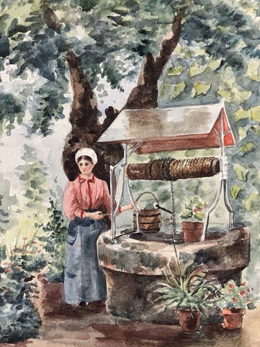 Aquarelle Ecole Française Fin XIX-Début XXe Jeune femme au puits Projet au dos - Photo 3/13