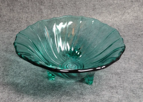 Vtg Jeannette Swirl Ultramarine Teal Depression Glass 3 Footed Candy Dish