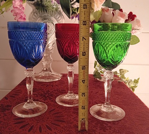 CRISTAL D'ARQUES DURAND ANTIQUE EMERALD, RUBY & SAPPHIRE WATER GOBLETS SET OF 3 - Picture 15 of 18