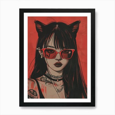 Katze Mädchen 2 Kunstdruck gerahmt Wandbild Poster Leinwanddruck Bild
