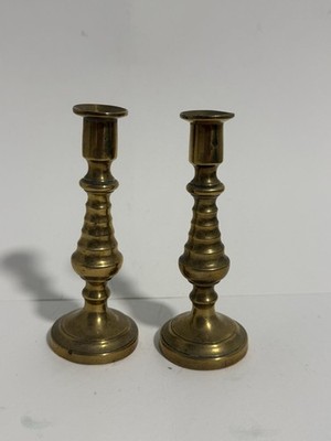 Paar Vintage Kerzenständer massiv Messing - 12,5 cm / 5'' - gedrechselt geringelt