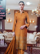 Fancy Marina Winter Suit   Mustard with Navy Blue Velvet Border   Hand Embroider