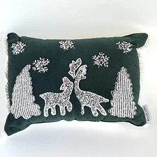 Bella Lux Green Beaded White Silver Reindeer Christmas Pillow Decor 10x14