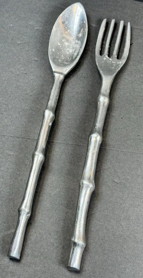 Bamboo Style Metal Salad Serving Fork & Spoon Quality Metal Ware Made In Mexico - Image 3 of 4
