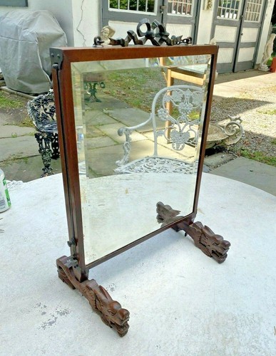 Antique Oriental Influenced Mahogany Vanity Dresser Mirror Figural Dragon Feet - Picture 3 of 11