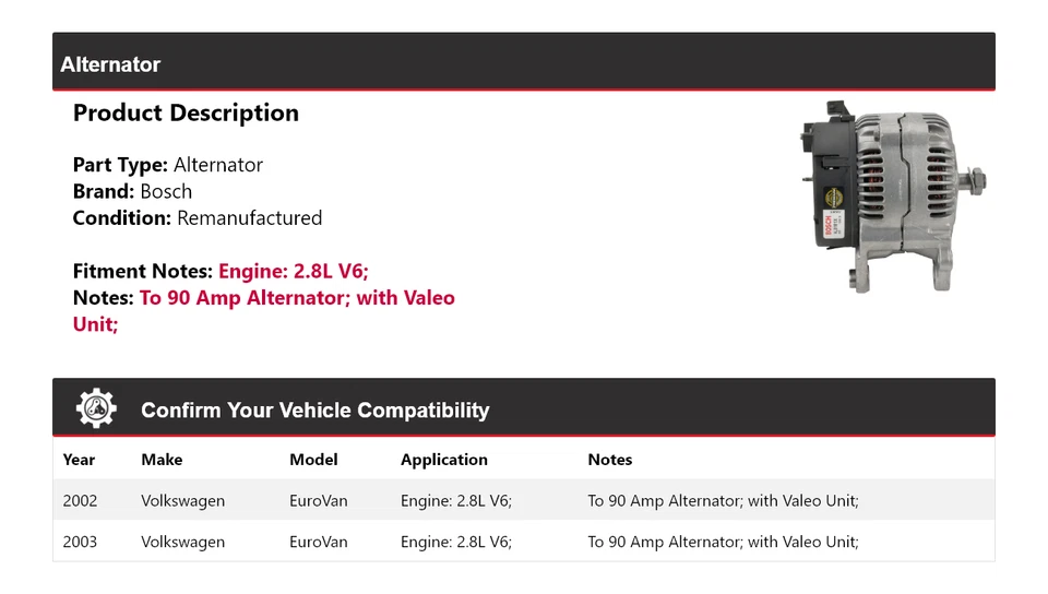 Alternador Bosch para Volkswagen EuroVan 2002-2003 2,8 L V6 (remanufacturado) Foto 2 de 4