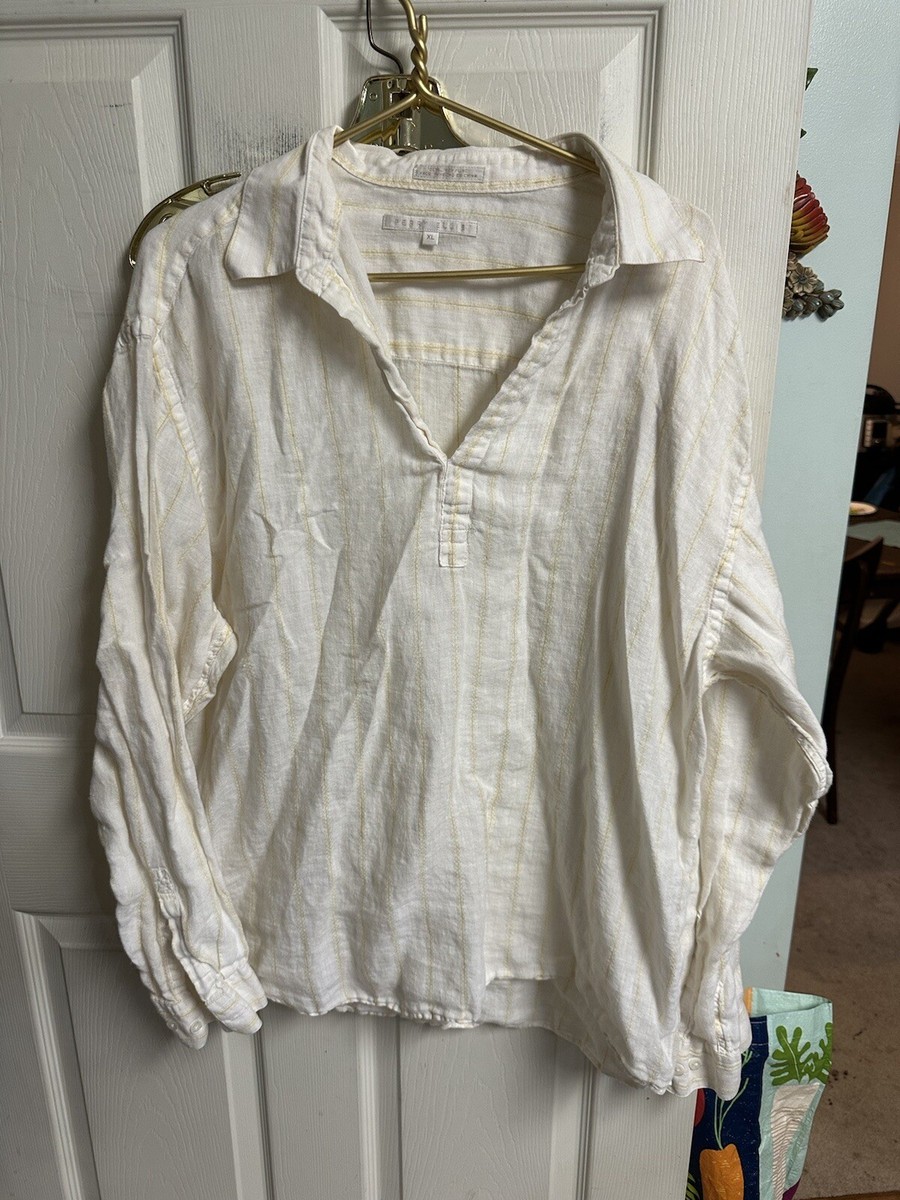 Perry Ellis XL 90s White Button Down Pure Linen Shirt Long