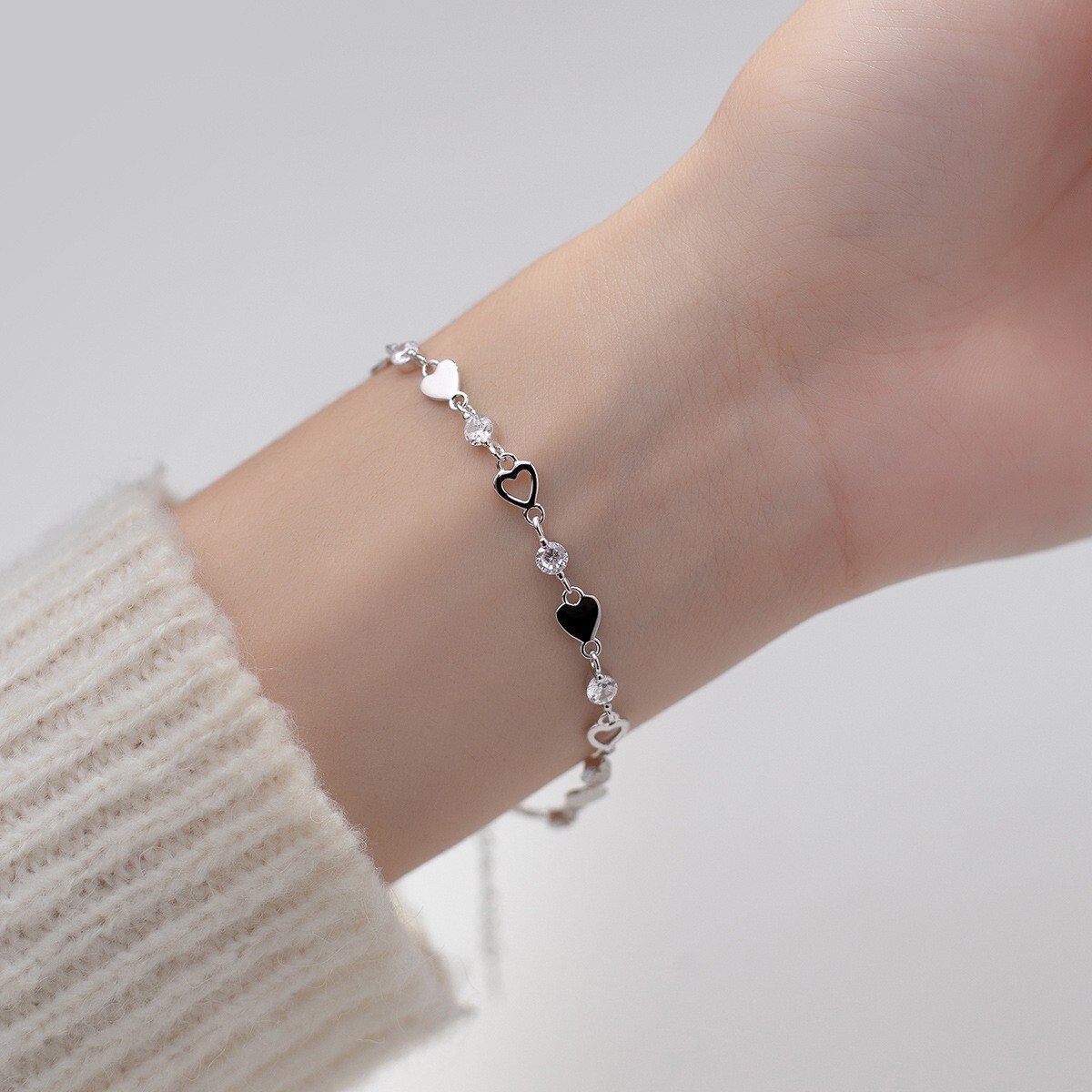 Women Real S925 Sterling Silver Heart Charm CZ Bracelet Bangle 8.3