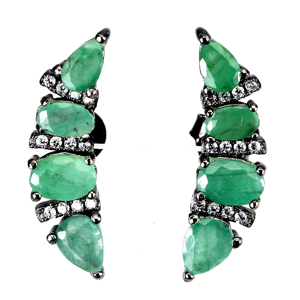 925 Sterling Silver Earrings Oval Emerald 6x4mm Gemstone Jewelry - Image 4 of 4