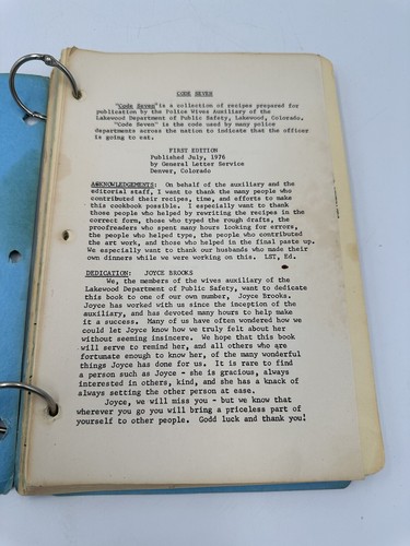 Vintage Cookbook Code Seven Lakewood Dept of Public Safety Police Denver CO 1976 - Picture 2 of 11