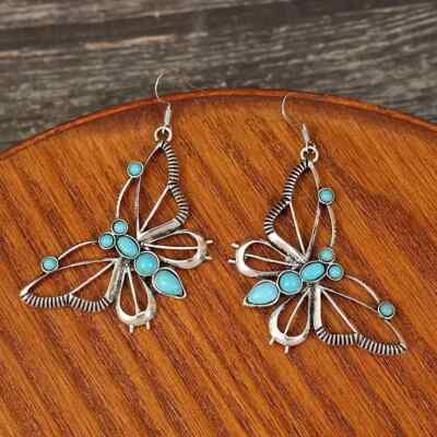 Hollow Exquisite Butterfly Design Turquoise Inlaid Dangle Earrings Retro Western