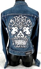 Platinum Plush Skull Embroidery Rhinestone & Stud Denim Jacket With Faux Leather