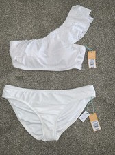 NWT Kona Sol White Eyelet Ruffle One Shoulder Bikini Size L 12-14
