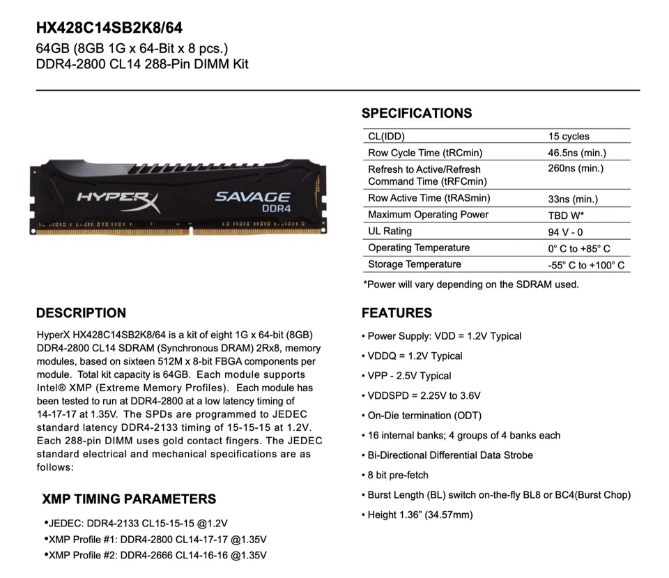 Kingston HyperX Savage 32GB Kit (4x8GB) DDR4 2800mhz CL14 QuadCh RAM - Image 3 of 3