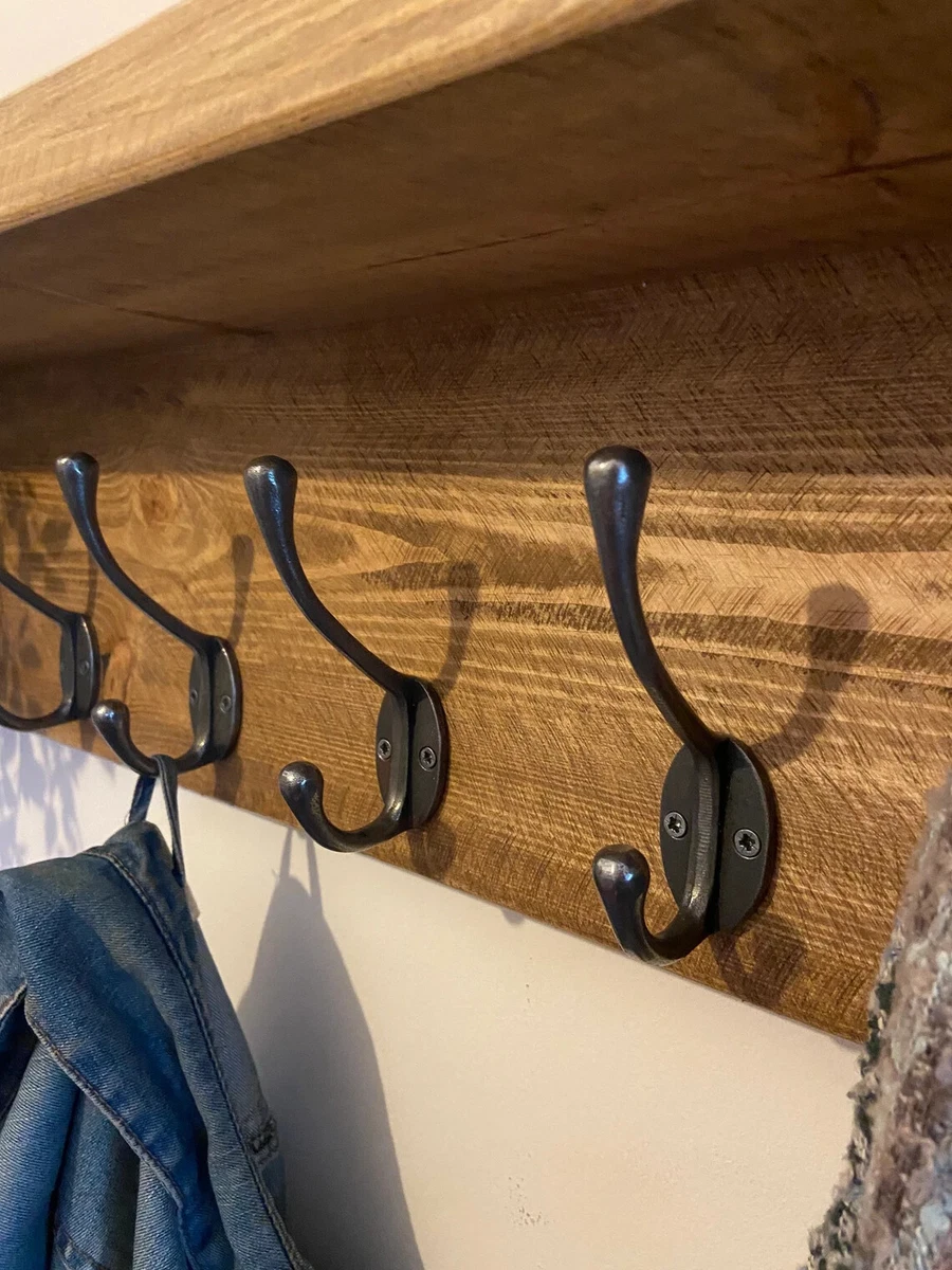 Wall Mounted Reclaimed Wooden Coat Rack with Cast Iron Coat Hooks and Shelf