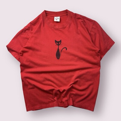 Vintage Men s Atomic Cat MCM Animal Graphic Shirt 90s Size Large Red Eames