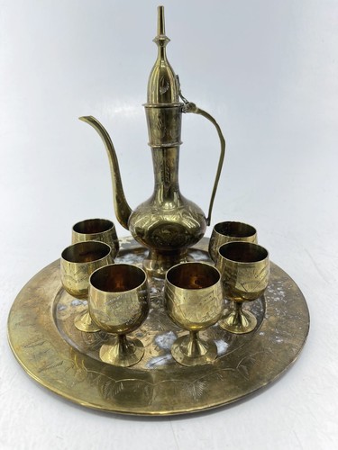 Set 8 pezzi teiera, calici e vassoio da portata ottone incenso tè vintage set3 - Foto 1 di 12