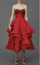 $3995 New Marchesa Beaded JEWELED Strapless Tea-Length RUBY RED Gown Dress 6