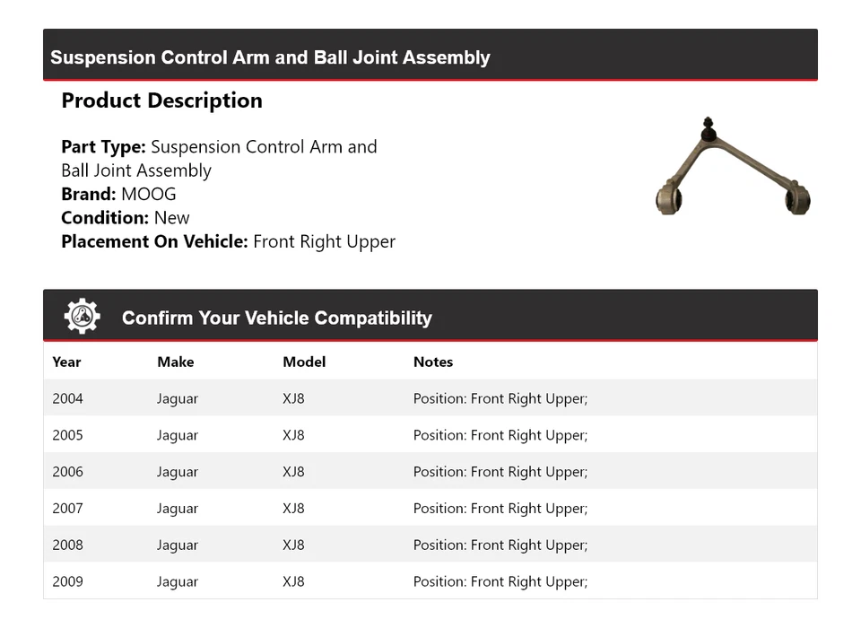 Conjunto de rótula de brazo de control delantero derecho superior MOO para Jaguar XJ8 2004-2009 Foto 2 de 4