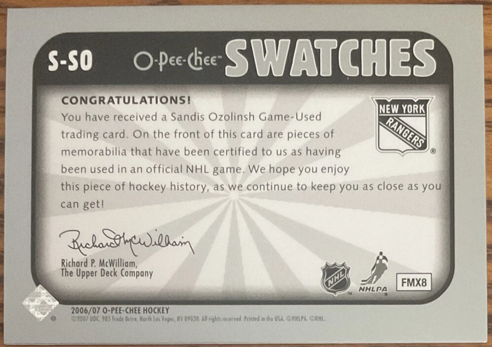 2006-07 O-Pee-Chee Swatches Sandis Ozolinsh #S-SO New York Rangers - Image 2 of 2