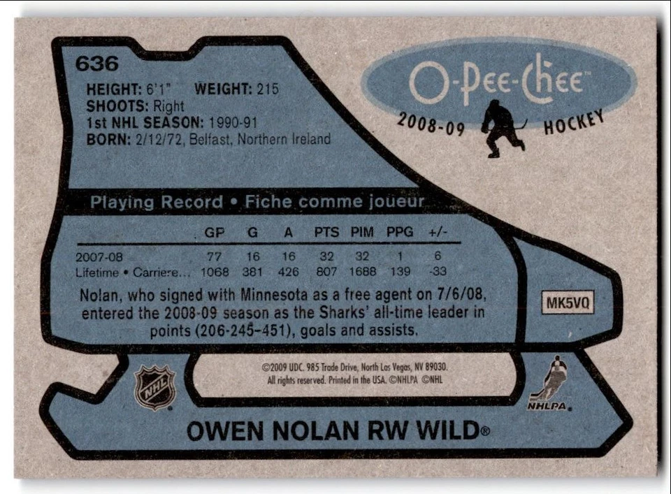 2008-09 O-Pee-Chee '79-80 Retro Owen Nolan #636 Minnesota Wild - Image 2 of 2