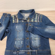 Women's LG Short Style Distressed Stretch Denim Jacket With Southwestern Detail