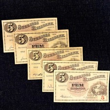 Set of 5 banknotes from Sweden 5 kronor (1951-1952) P-33 - Excellent circulated