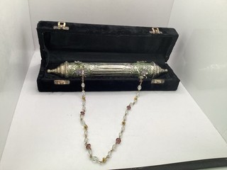 Antique Silver Tone Enamel Sewing Case Beaded Chain Velvet Box AP#554