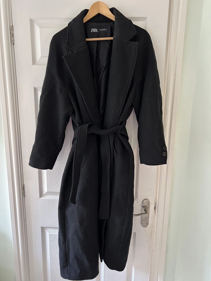 Casaco Zara com cinto preto mistura de lã longo bolsos forrados NOVO NÃO USADO  - Imagem 2 de 4