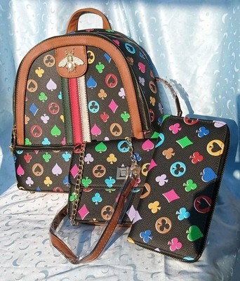 Classic Fashion Brown 3 Piece Monogram Backpack Crossbody & Matching Wallet 