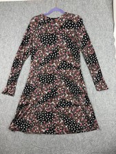 M&S Floral Long Sleeve Swing Dress UK 14 Black Pink Stretch Casual