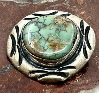 Vintage Navajo style Sterling Silver Webbed Royston Turquoise Concho Pin Brooch
