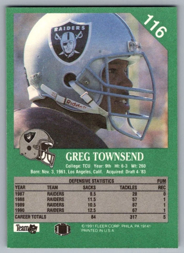1991 Fleer Greg Townsend Los Angeles Raiders #116 - Image 2 of 2