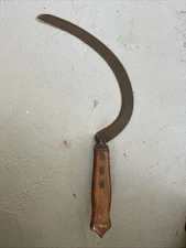 Antique Village Blacksmith Hand Sickle Wood Handle Curved Knife Grass Cutter