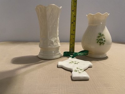 Irish Bone China Lot Of 3. Belleek Vase, Irish Papian Vase and Royal Tara Cross