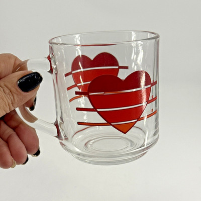 Luminarc Clear Glass Red Heart Striped Coffee Mug Cup Retro Vintage Gift