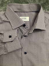 Eton Dress Shirt Men 17 /43 Slim Fit Purple Check Plaid Long Sleeve 100 Cotton