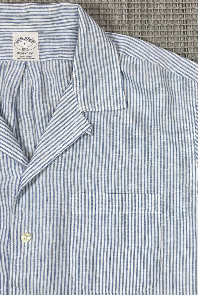 Brooks Brothers Irish Linen Regent Camp Collar Shirt Blue White Hickory Stripe L - Image 3 of 4