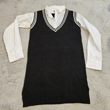 Striped Trim Knit Sweater Dress Women's L Academica Schoolgirl Office Preppy