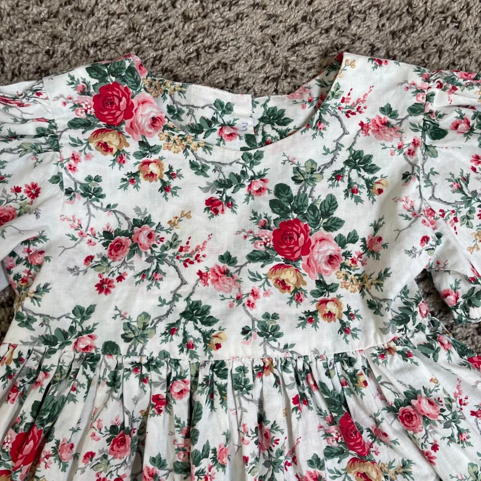 Vintage Handmade Girls Floral Circle Dress 3 Rose Puff Sleeve Cottagecore - Image 2 of 4