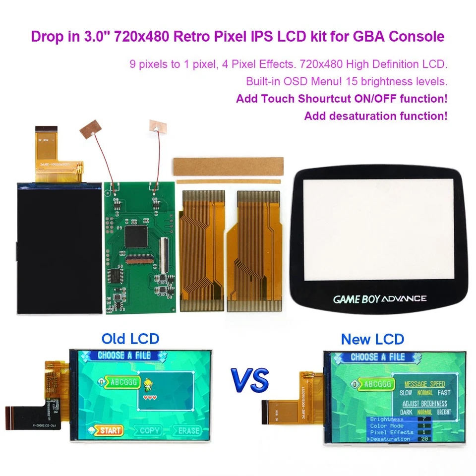 V5 Drop In 3.0" 720x480 Retro Pixel High Backlight Screen Kit+Cases For GBA - Image 3 of 4