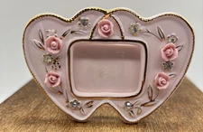 Vtg Lefton Floral Gold Trim w/ Rhinestones Porcelain Hearts Picture Frame