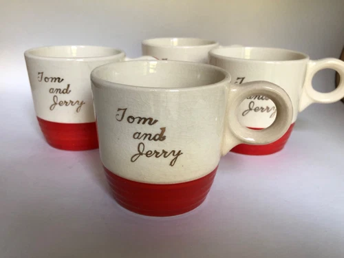 Tom And Jerry Holiday Mugs - Red & White - Set of 4 - Universal Potteries Inc.