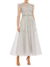 Mac Duggal Platinum Silver Beaded Floral Appliqué Long Sleeve Dress Size 8 $798