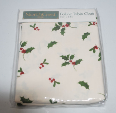 North Crest Traditional Christmas  Holly Berry Fabric Tablecloth 60In X 84In New