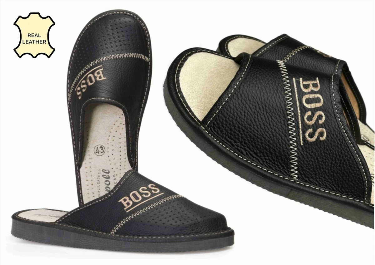Genuine Leather Mens Slippers Black Embroidered Slip on Mules Indoor Sandals