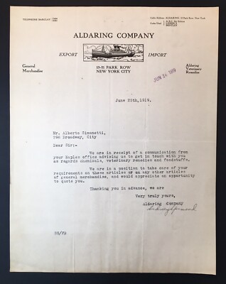 c.1919 Aldaring Company Letterhead Park Row NYC Business Reply Import Export