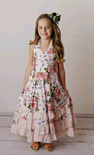 Oopsie Daisy Girl's Ivory Pink Floral Ruffle Maxi Dress Size 12 NWT Vacation - 第 1/3 張圖片