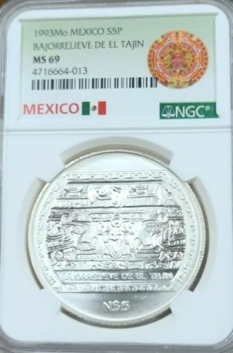 1993 MEXICO SILVER 5 PESOS S5P BAJORRELIEVE DE EL TAJIN NGC MS 69 HIGH GRADE
